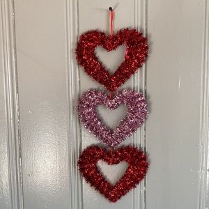 Brand NWT Red & Pink 3 Heart Trio Tinsel Wreath Hanging Wall Decorations